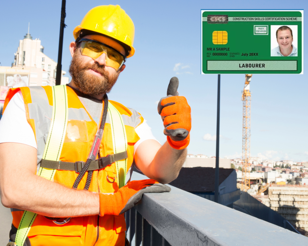 A construction worker with a green CSCS card posted beside his picture